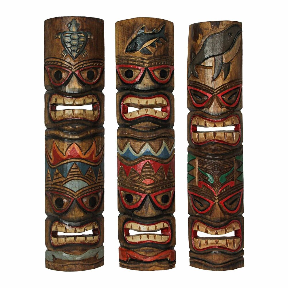 8763 Set of 3 Hand-Carved Brown Wood Double Tiki Mask Ocean Animal Totem